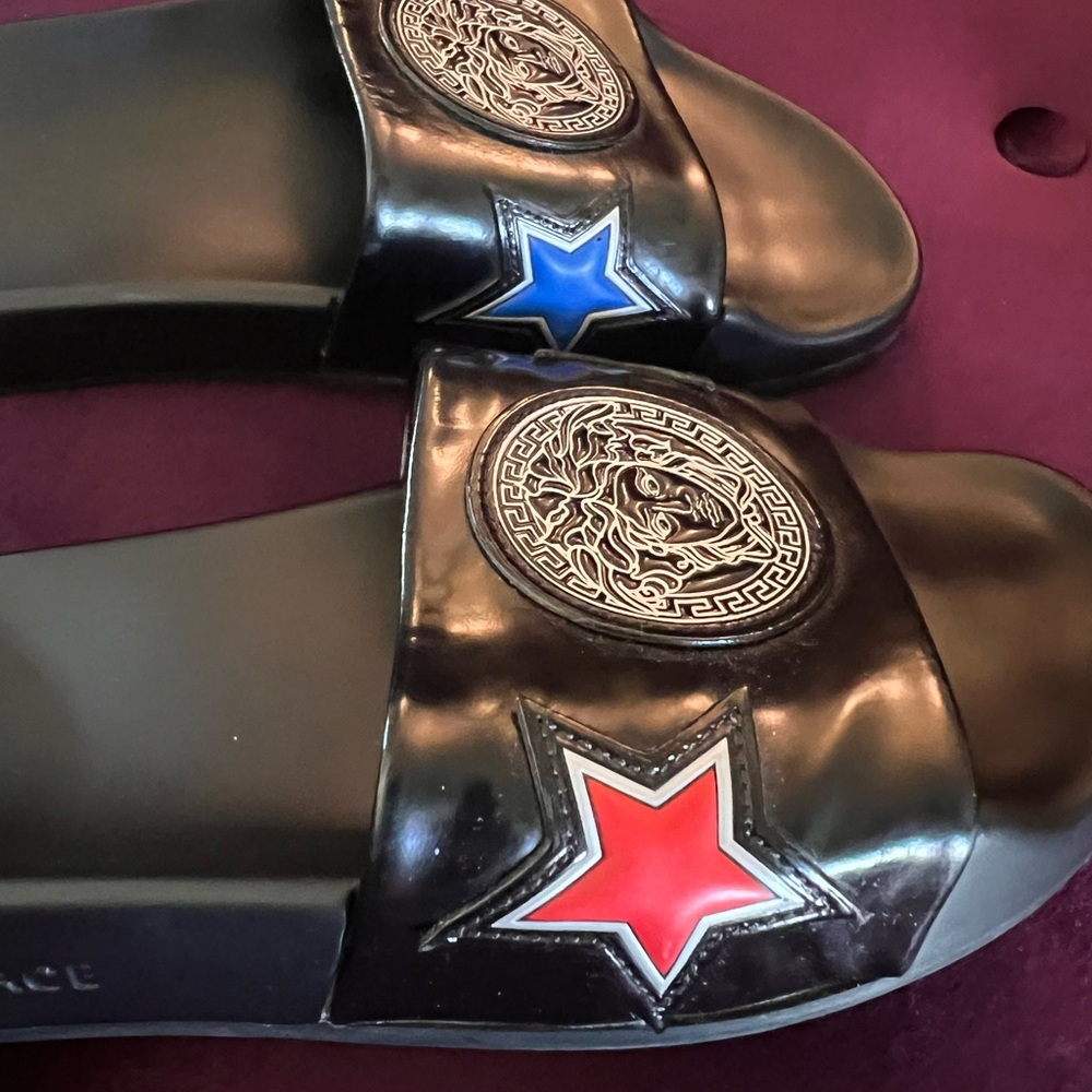 Versace Black Slides with Red and Blue Stars